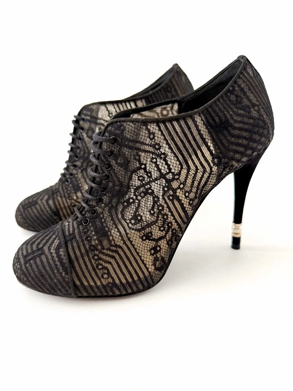CHANEL | CC Logo Black Lace Up Booties Pearl Stiletto EU 39